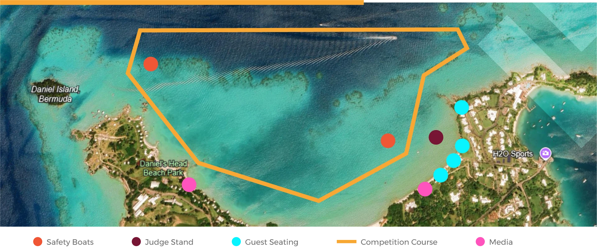 Original FLT competition map showing course, safety boats, judge stand, seating and media zones
